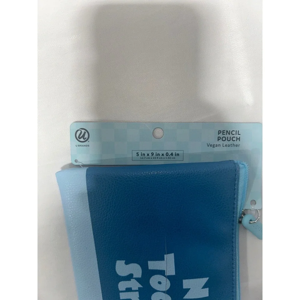 U Brands Not Today Stress Vegan Leather‎ Pencil Pouch Blue Zipper Case Accessory
